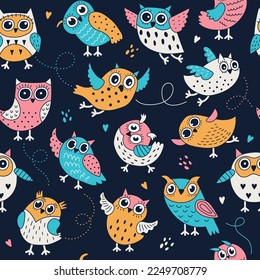 Owl pattern. Textile design project with decorative boho style birds flying owls recent vector seamless template