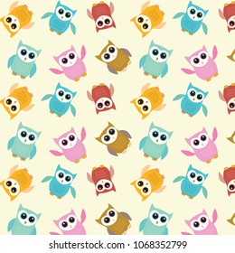 Owl pattern in turquoise blue, yellow, red, brown, green with black,white and gold metallic colors palette vector illustration card template on a light yellow background 