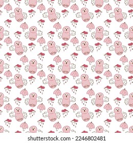 Owl pattern1. Seamless pattern with cute owl character, cloud and umbrella. Cartoon color vector illustration.
