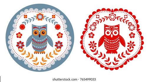 Owl patterned frame and the silhouette of the owl. Emblem, logo, mascot. Folk art.