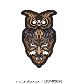 Owl from patterns. Exotic bird in boho style. Good for prints, postcards and printing. Vector 