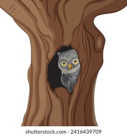 Owl peeping from a tree trunk