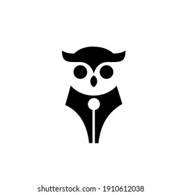 Owl pen, smart pen logo concept owl bird with fountain pen nib vector icon illustration design