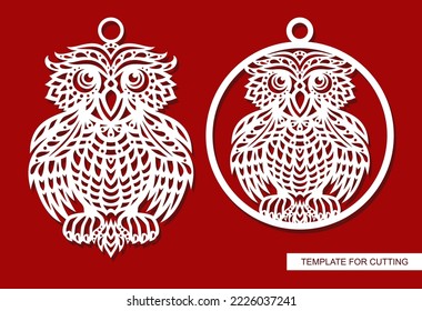 Owl pendant set. Christmas ball, decorative hanging toy, jewelry decoration, trinket with a bird. Template for plotter laser cutting of paper, metal engraving, wood carving, cnc. Vector illustration.