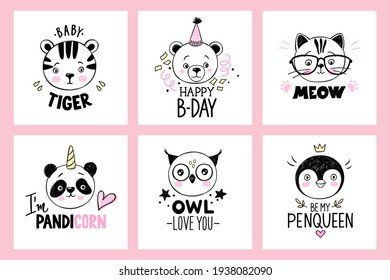 Owl, penguin queen, cat with glasses, panda unicorn, baby tiger, teddy bear faces in sketch style. Doodle animals. Funny quotes. Cute children's vector illustrations.