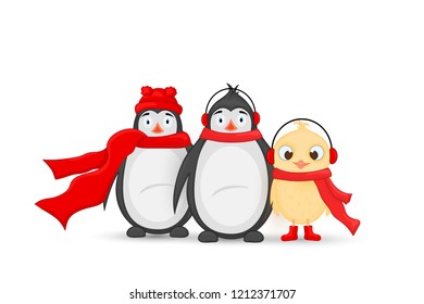 owl and penguin in the Santa Claus hat and scarf. postcard for the new year and Christmas. Isolated objects bird on white background. Template for text and congratulations.