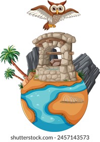 Owl perched above a small, whimsical planet.