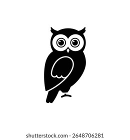 Owl perched with large eyes staring intently in natural forest setting