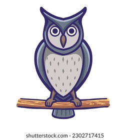 An Owl perched on a branch isolated on white background. Owl mascot logo vector illustration.