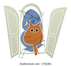 An owl perched on a branch outside a window in the middle of the night.