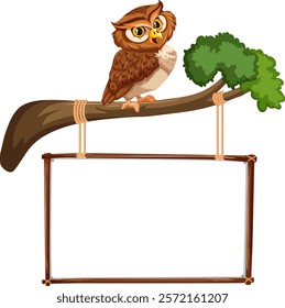 An owl perched on a branch with a sign