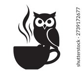 Owl Perched on Coffee Cup Silhouette Minimalist Vector Icon Logo Design