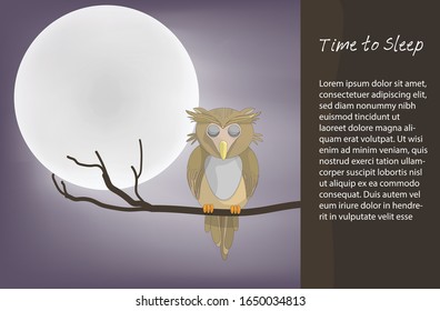 Owl perched on a dry branch while sleeping at night with a full moon. Ideas about bedtime stories.