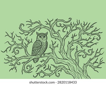 Owl perched on gnarled tree branch with patterned feather details