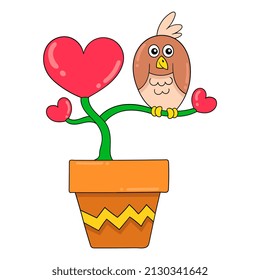 owl is perched on a love plant pot, vector illustration art. doodle icon image kawaii.