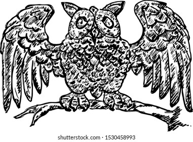 An owl perched on a tree branch. Hand drawn vector illustration. 