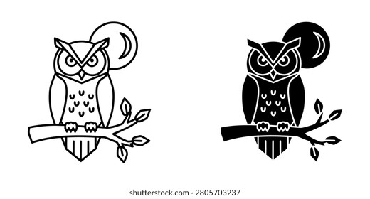 Owl perched on tree branch with full moon vector wildlife illustration silhouette minimalist nocturnal fullmoon creature template isolated