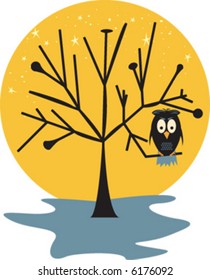 An Owl Perched In A Tree On All Hallow's Eve. Fully Editable Vector Illustration.