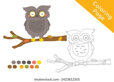 Owl perching on top of a tree branch, black and white outline cartoon vector for coloring page. Printable coloring page template cartoon vector.