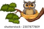 Owl perching on tree branch illustration