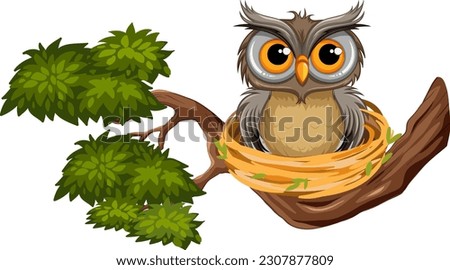Owl perching on tree branch illustration