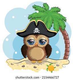 Owl pirate, cartoon character of the game, a bird in a bandana and a cocked hat with a skull, with an eye patch. Character with bright eyes on the island with palm trees