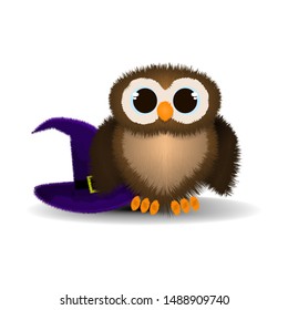 Owl plush with hat on isolated background with shadow, owl pattern for Halloween, vector illustration