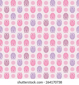Owl and polka dot themed, seamless pattern for fashion (pajama, t-shirt, baby.) 