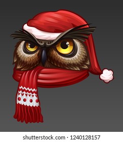 Owl portrait in Christmas hat. Vector illustration