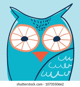Owl portrait in glasses hand drawn in scandinavian style