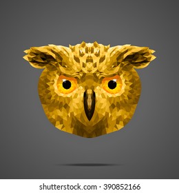 Owl portrait. Gold version. Low poly design. Abstract polygonal illustration.