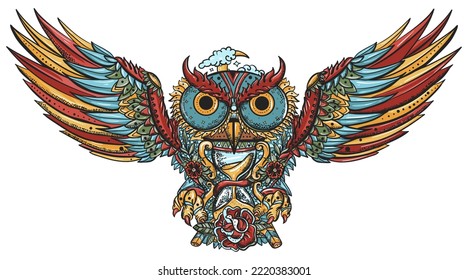 Owl portrait. Old school tattoo vector art. Hand drawn graphic. Isolated on white. Traditional flash tattooing