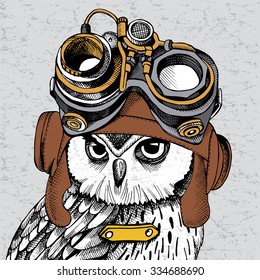 Owl portrait in a Steampunk helmet. Vector illustration.