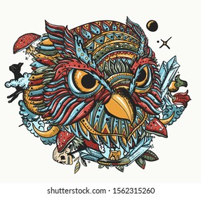 Owl portrait vector illustration. Dark fairy tale art. Old school tattoo. Magic bird, traditional tattooing style 