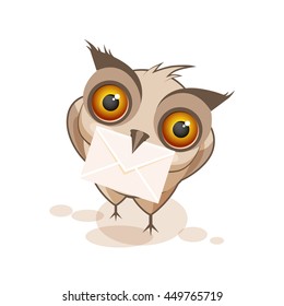 Owl postman brought a letter, a notice message. Owlet holding envelope in its beak. The picture on the white background. Icon  for the website.. Sticker. Vector. Image.