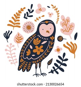 Owl print with floral ornament in ethnic fantasy style