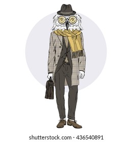owl professor in coat , furry art illustration, fashion animals