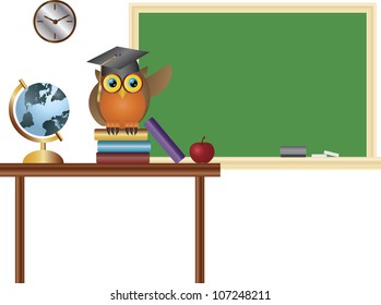Owl Professor Teacher in Classroom with Chalkboard Globe Books and Apple Illustration