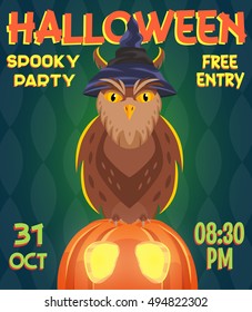 Owl and Pumpkin, Halloween party poster, card, Cartoon style, Vector illustration