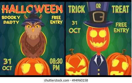 Owl and Pumpkin, Halloween party poster, card, Cartoon style, Vector illustration, Happy Halloween, Vector illustration