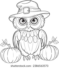Owl and pumpkins Autumn or Halloween. Doodles art for greeting cards, invitations, or posters. Coloring book for adults and kids.