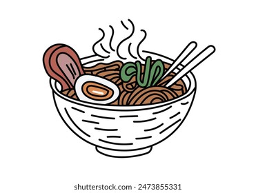 owl of ramen Noodle line art illustration isolate white background.Korean chines food	