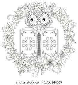 Owl read book round frame. Cartoons monochrome art design stock vector illustration for web, for print, for coloring book