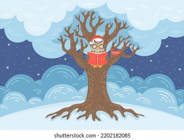 Owl read book in winter night. Owl in Santa hat on big tree. Winter holidays children illustration. Bedtime story, literature, Storytime concepts. 