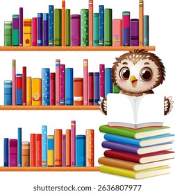 An owl reading a book among colorful shelves