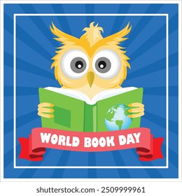 Owl reading a book. Celebration of World Book Day, April 23. World Book Day concept. Flat vector illustration.