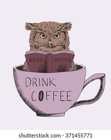 owl reading a book in a Cup of coffee,  Hand drawn coffee poster in color. Inspirational typography. Vintage Graphics. Vector illustration.