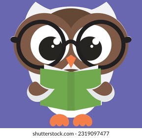 Lechuza leyendo un libro. ilustración vectorial del personaje de dibujos animados bonitos