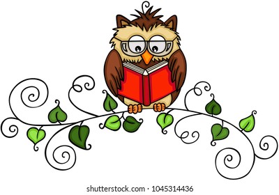 Owl reading a book on branch
