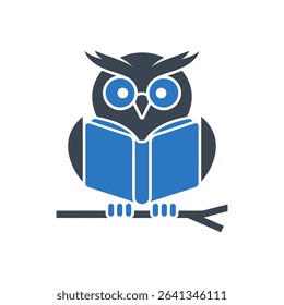 Owl reading a book perched on a branch icon